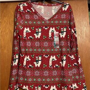 No Boundaries Red and Green Knit Top with Holidays Llamas- Size XL